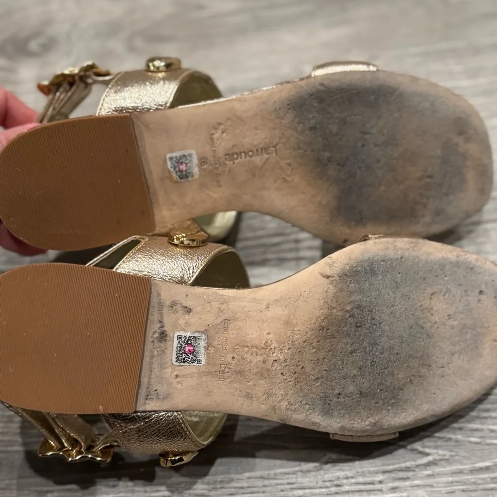 LARROUDE PREOWNED MADISON GOLD LEATHER SHELL SANDALS 6 ANTHROPOLOGIE - Picture 14 of 16